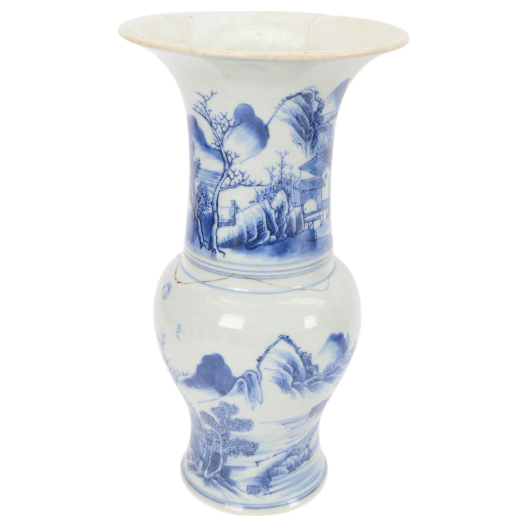 Chinese blue and white yenyen vase, decorated with fisherman in a village landscape, together with vase of cylindrical form decorated with birds amongst peonies, largest H36cm 