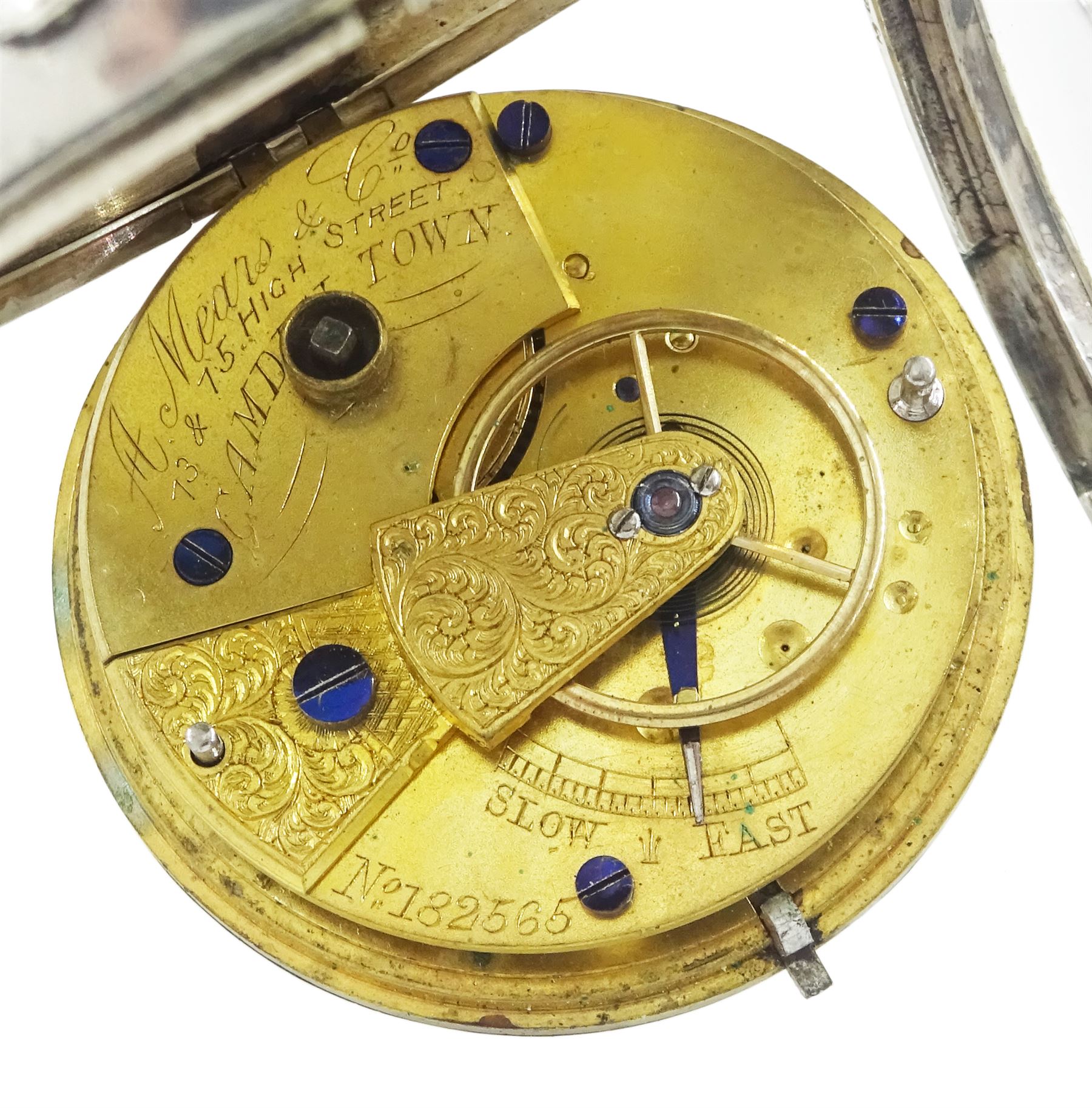 Victorian silver open face lever pocket watch by A Mears & Co, Camden Town, case by English Watch Company, Birmingham 1893, two smaller fob watches, all on Victorian and later silver watch chains