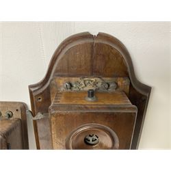 Two Hunningscone patent wall mounting telephones in walnut casing, together with Sterling Telephone & Electric Co. Ltd early wall-mounted telephone 'Primax' and one other 