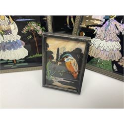 Seven 1930's butterfly wing pictures, mainly of ladies in period dress, one signed Dorothy Buckley, largest H18cm