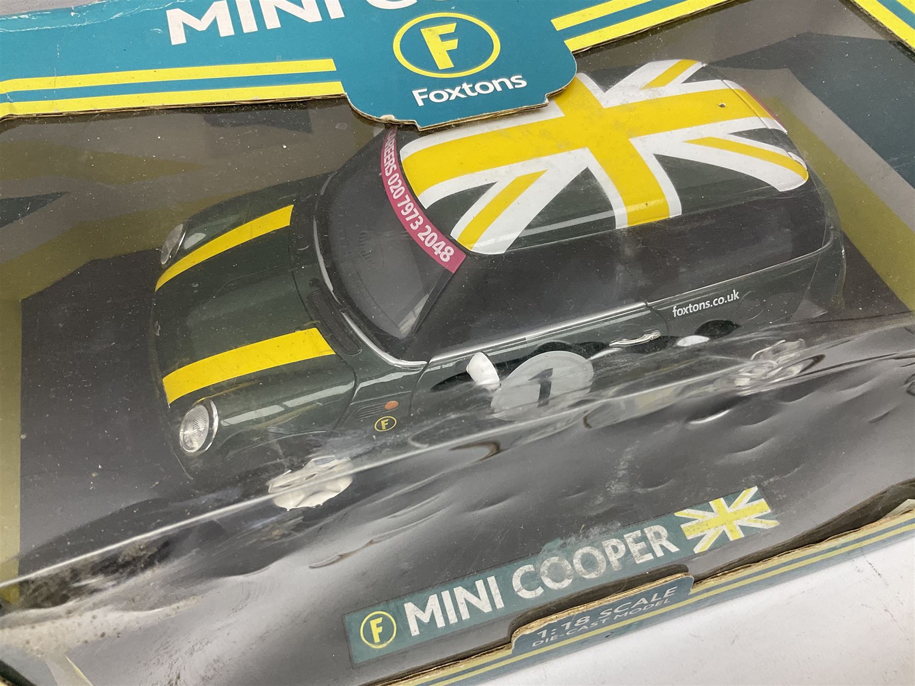Nine 1:18/1:24 scale die-cast models - two Foxtons Mini Coopers; Road Legends Shelby Cobra; Maisto Mustang Mach III; and five by Bburago including Porsche 356B Cabriolet 1961, Chevrolet Corvette Convertible 1998 etc; all boxed (9)