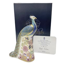 Royal Crown Derby paperweight, Designer's Choice Collection Derby Peacock, visitor's centre exclusive, limited edition 51/750, with gold stopper and printed and painted marks beneath, with certificate and original box