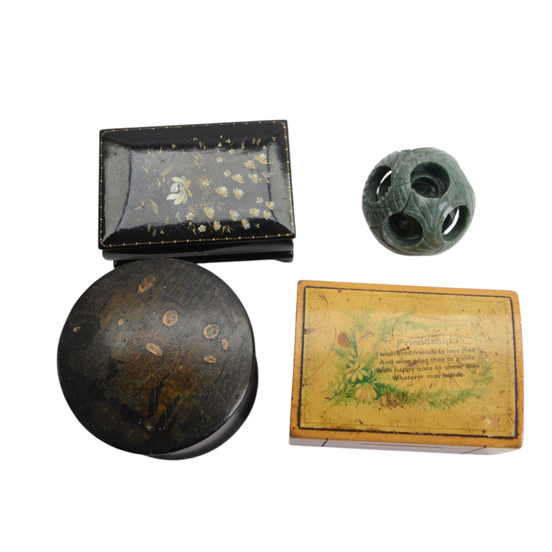 Collection of black lacquer boxes, together with jadeite green snuff bottle, and other boxes  