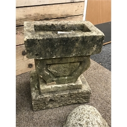 Collection of various stone and composite stone garden ornaments including; cat figure, stone two piece bird bath, Easter island head, tortoise etc.. (11)