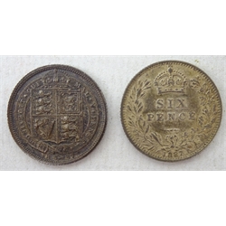  Collection of Great British King George III and later coins including King George III 1787 shilling, King George IV shilling, six Queen Victoria 1887 shillings, two Queen Victoria 1887 shillings mounted as a brooch, two 1887 sixpence coins, one being shield back, other  pre 1947 silver coins and a small quantity of pre-decimal coinage  
