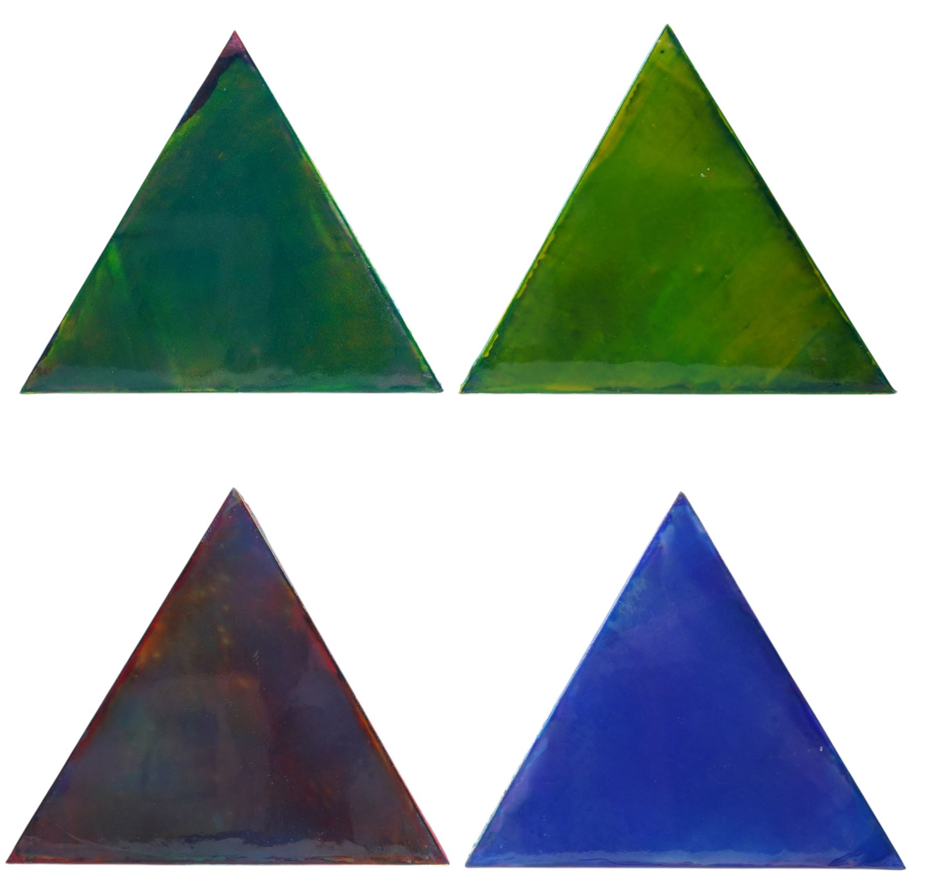 Gillian Ross Kelsey (British 1935-2025): 'Triangles' in Blues and Greens, set of four acrylic glazes on canvas laid on to board unsigned all 44cm x 51cm (4)