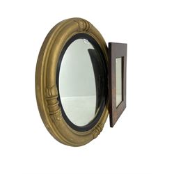 Regency design gilt framed wall mirror, circular convex plate within ebonised reeded slip, the frame with ring turns and applied moulded lappet decoration (63cm x 63cm); Art Nouveau rectangular wall mirror with bevelled plate (53cm x 38cm) (2)