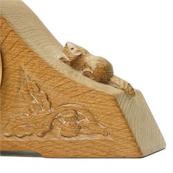 Beaverman - oak arched top mantel clock, with acorn and oak leaf carvings to spandrels, fitted with Hermle Quartz movement with Roman dial, with carved beaver signature, by Colin Almack of Sutton near Thirsk