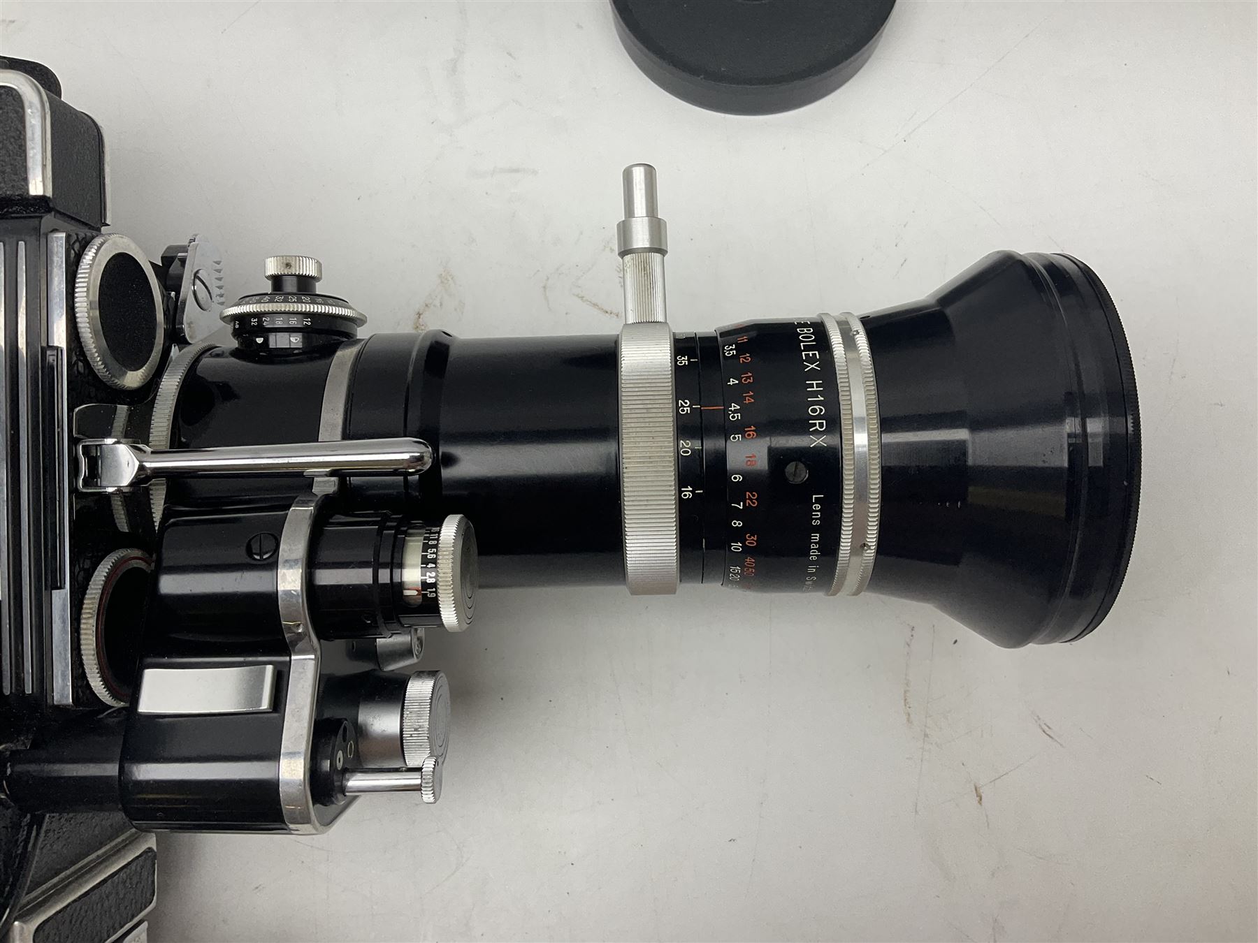 Bolex H16 RX5 camera body, serial no. 245758, with ' Kern Paillard Vario Switar 1:1.9 f=16-100mm POE Bolex H16RX' lens, Bolex 400ft magazine, etc, all in Bolex large flight case