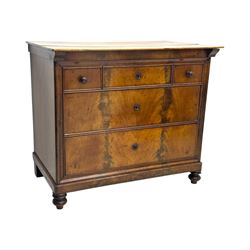 19th century French figured mahogany and walnut chest, rectangular top over three short and two long drawers, on turned feet