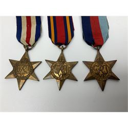 Ten WW2 medals comprising two 1939-1945 war medals, two Defence medals, two 1939-1945 Stars, two Africa Stars, France & Germany Star and Burma Star; together with bar of four miniature medals; all with ribbons
