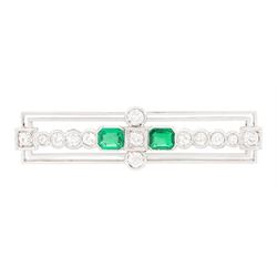 Early 20th century 14ct white gold and platinum, emerald and diamond rectangular brooch, t...