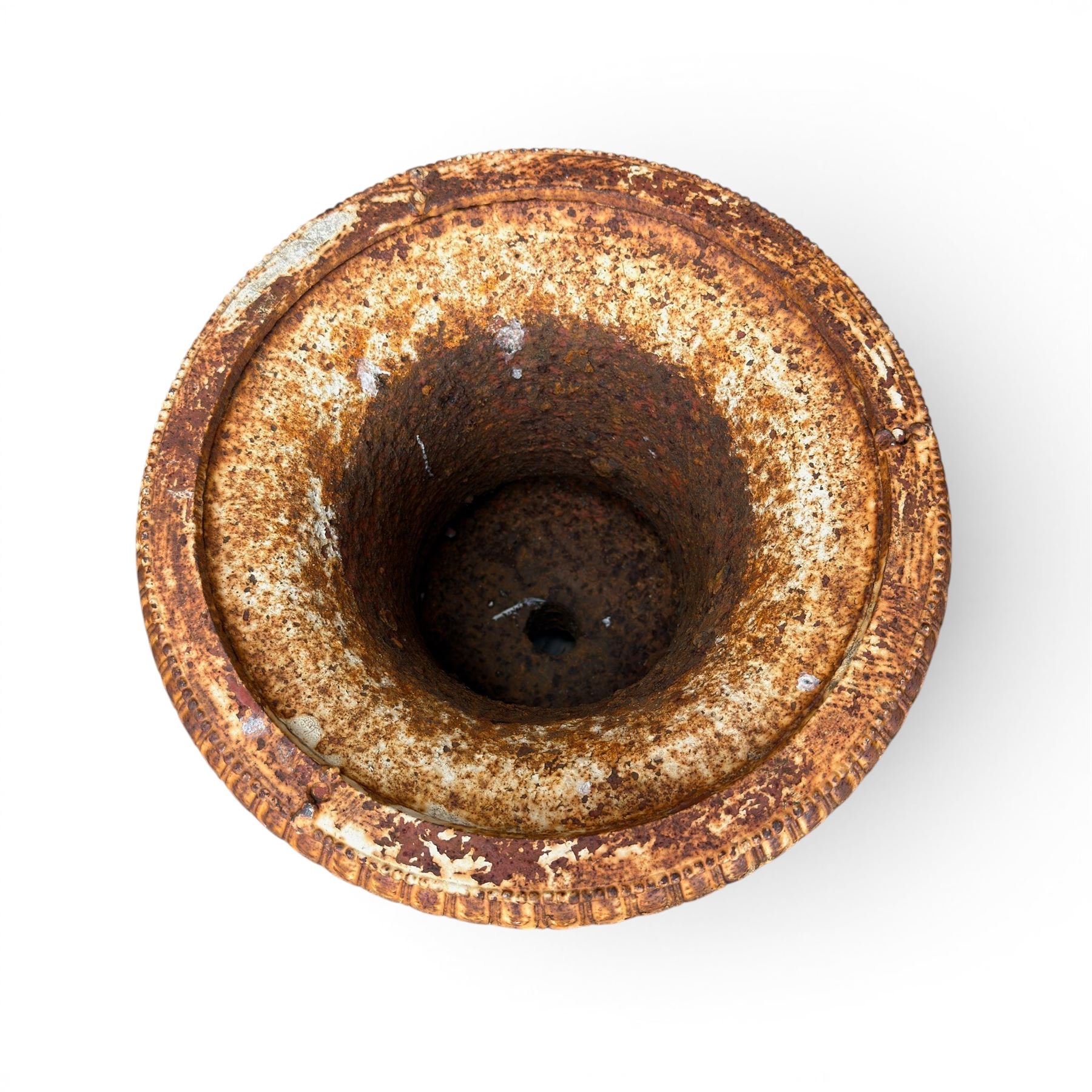 Andrew Handyside - pair of 19th century best quality cast iron garden urns, individually detailed in relief Allegorical Figures and Helaldic Swans, campagna form with twin handles, detail under rim, raised on circular fluted base