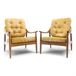Greaves & Thomas - pair of mid-20th century light elm framed lounge armchairs, with downsw...