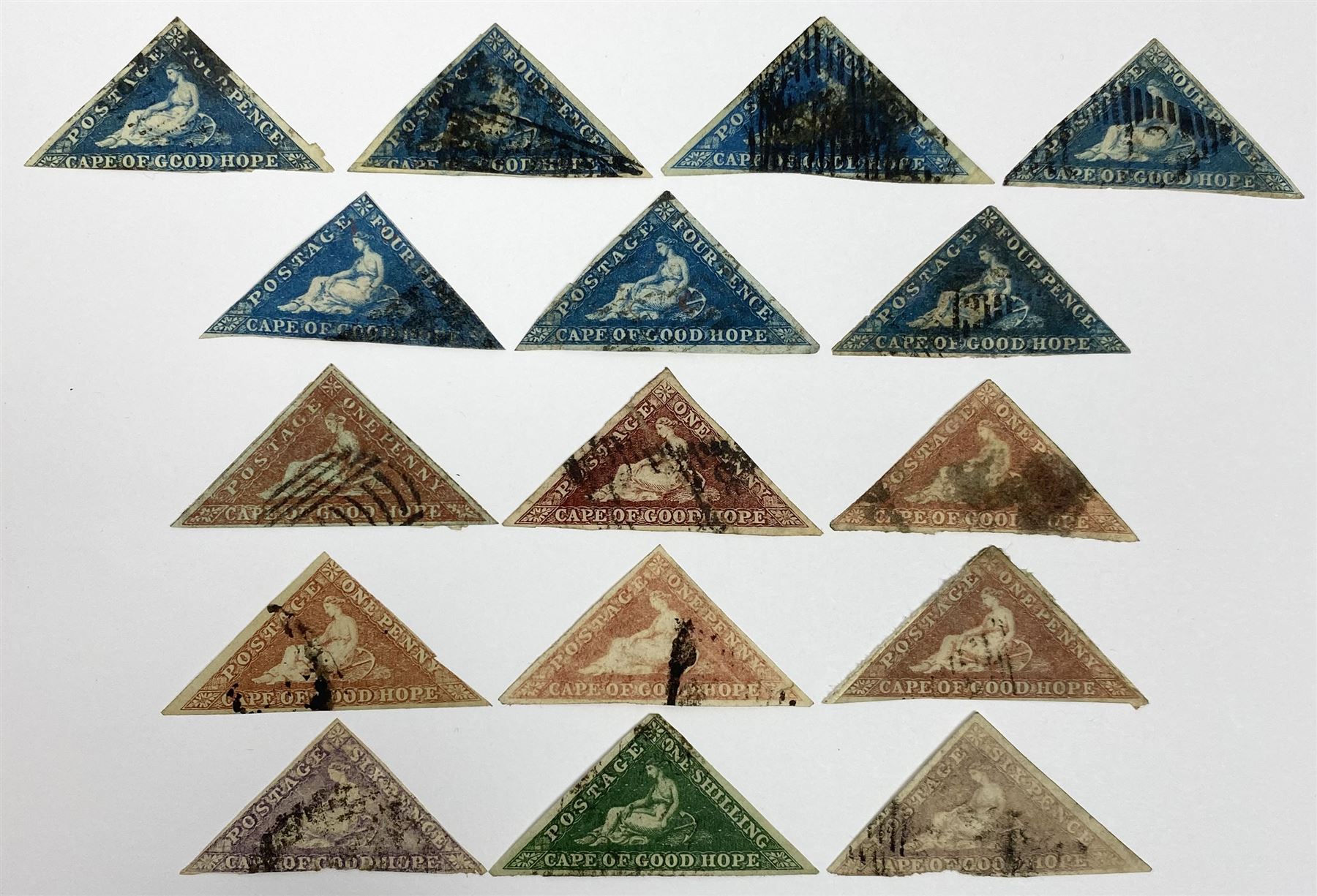 Cape of Good Hope triangle stamps, comprising six one penny, seven four pence, two six pence and a one shilling , all used, all previously mounted