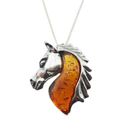 Silver Baltic amber horse pendant, stamped 925