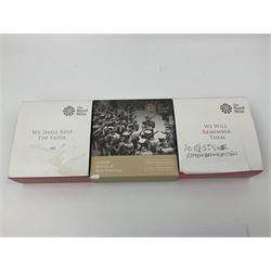 Three The Royal Mint silver proof coins, comprising Alderney 2012 'Remembrance Day' five pounds, Alderney 2013 'Remembrance Day' five pounds and United Kingdom 2014 'Outbreak' two pounds, all cased with certificates