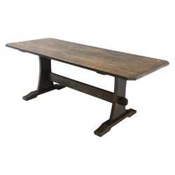 Acorn Industries - country oak kitchen or dining table, rectangular top with canted corners, shaped pedestals with joining pegged stretcher, Acornman signature