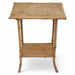 Early 20th century mahogany side table; with bedside cabinet, shaped rectangular top on barley twist supports united by stretchers (H 72cm, W 42cm, D 45cm), together with a Late Victorian tiger bamboo occasional table, rectangular two-tier form with woven cane surfaces, the upper tier with raised edge above splayed supports with naturalistic jointing (H 70cm, W 52cm, D 36cm)