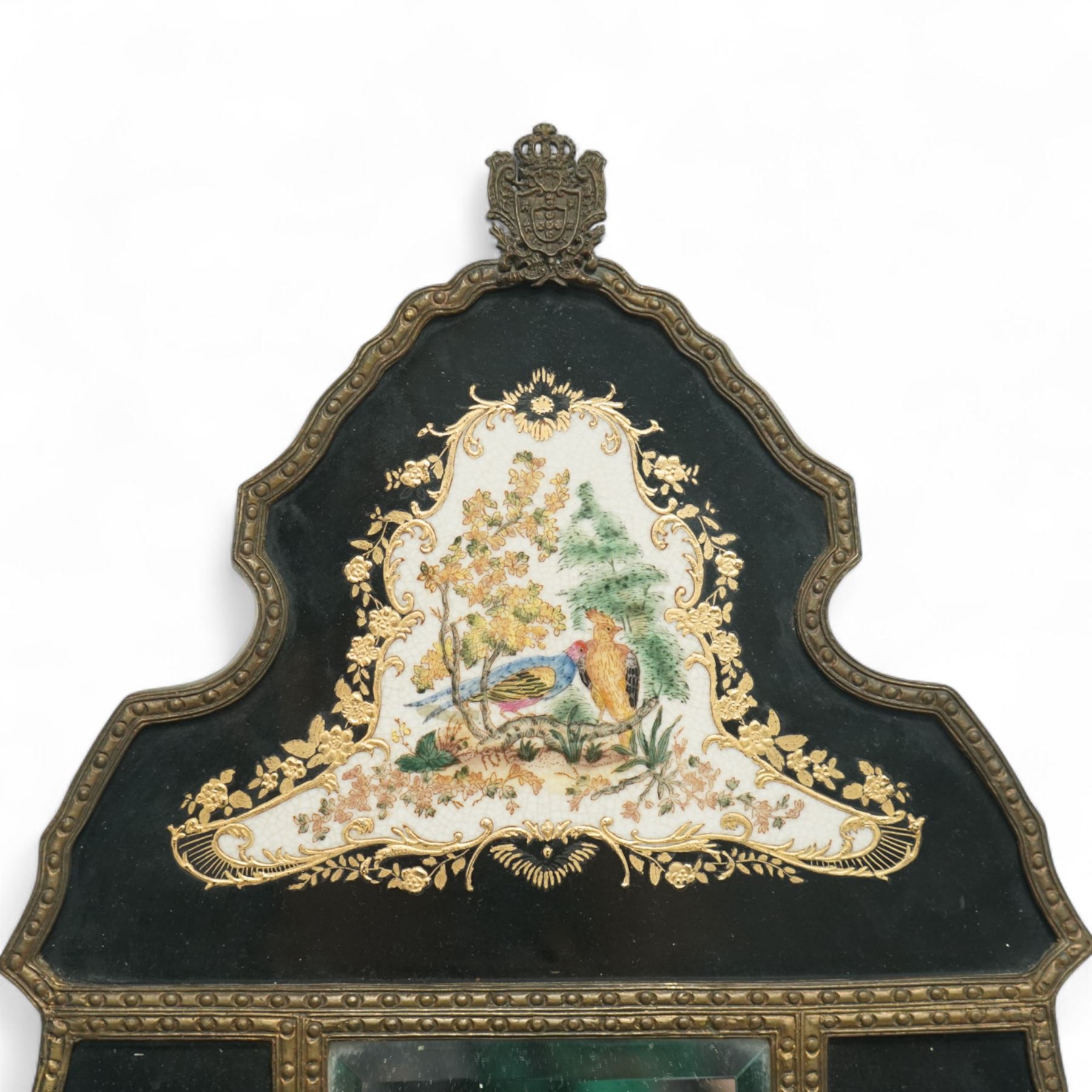 William Lowe - pair of early 20th century Rococo style girandole wall lights with bevelled plates within chinoiserie painted porcelain frames decorated with exotic birds, within bronze frames 