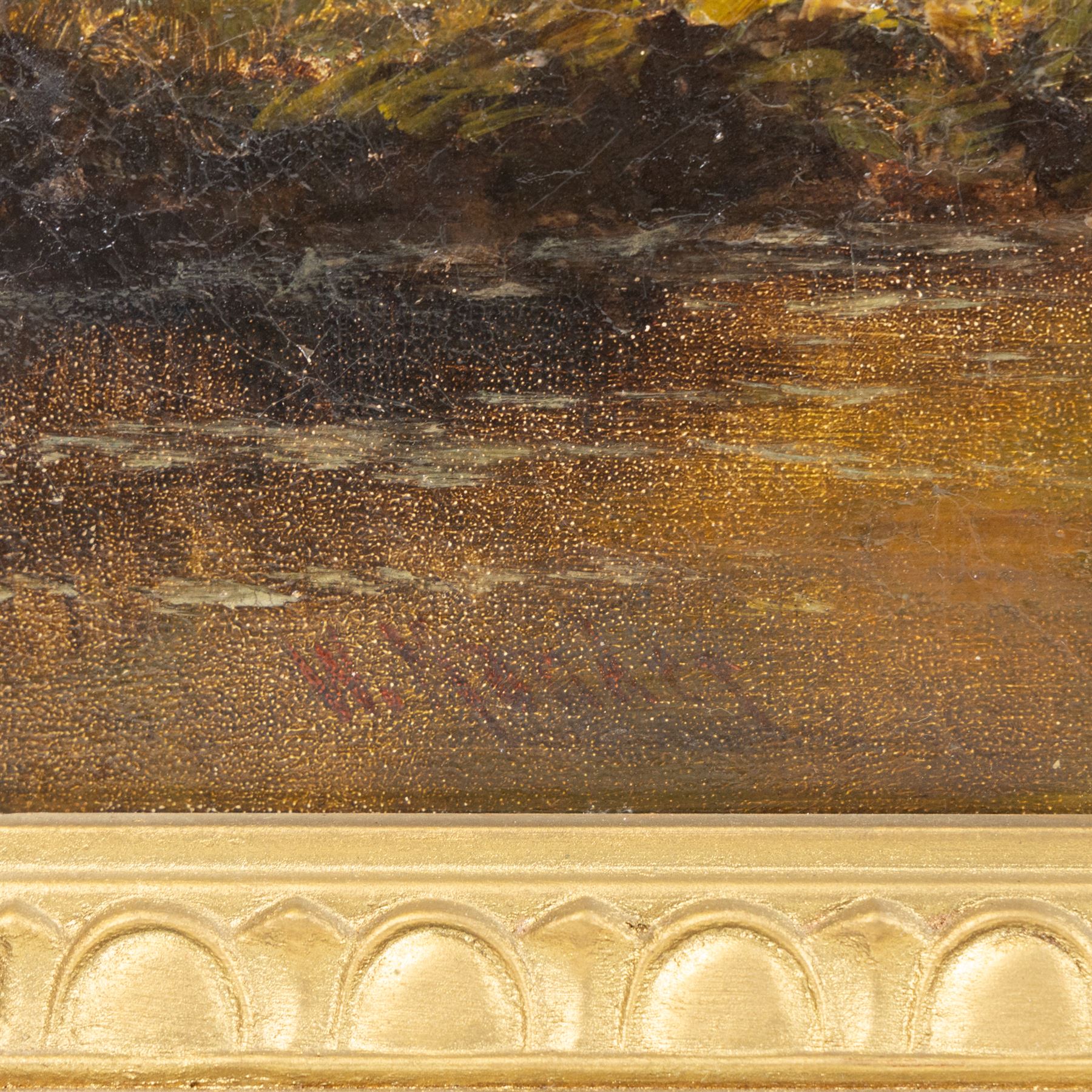 English School (19th Century): Cottage and River Landscape, oil on canvas indistinctly signed, also titled 'on the -' indistinctly verso in large gilt frame 60cm x 90cm