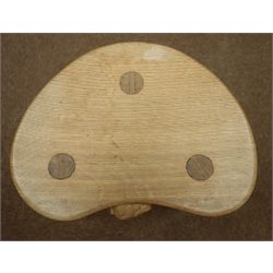  'Rabbitman' three legged oak Cow Stool, on three octagonal outsplayed legs, with carved Rabbit signature, by Peter Heap of Wetwang, H37cm    