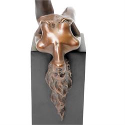 Bronze figure of an erotic reclining nude on rectangular hollow platform, with foundry mark, H27cm 