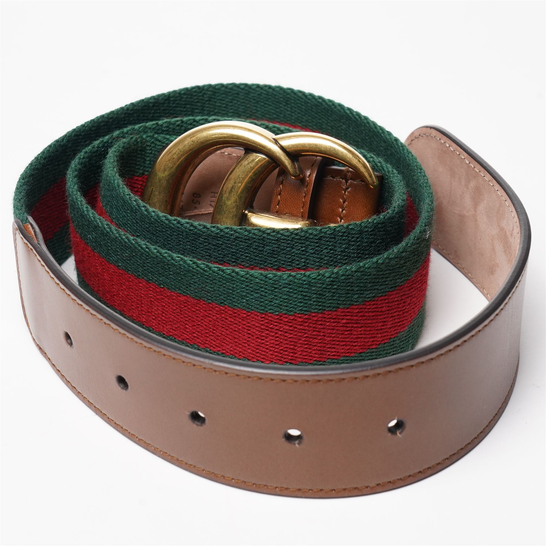 Gucci - web canvas and calfskin leather belt with signature green and red woven stripe, large gold tone GG buckle, stamped with serial numbers, size 85/34, L105cm, unused with original box and dust bag