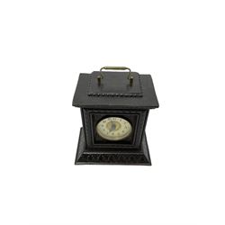 German - late 19th century  Black Forest Junghans alarm clock, profusely carved mouldings with glass side panels and carrying handle, two part dial with a gilt centre, Arabic numerals, minute track and steel spade hands, 30hr  balance wheel movement with alarm sounding on a bell, wound and set from the rear, with Key.