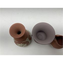 Collection of Wedgwood Jasperware, in orange, lilac and pink colourways, including oval tray, small jug, trinket boxes, trinket dishes, etc , all with impressed mark beneath