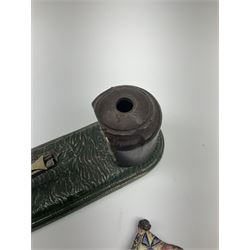 Very rare 19th century John Harper & Co. mechanical cast-iron money box, registered number 33821 patented 1885, inscribed on metal plaque 'Wimbledon Bank', based on the Queen's Trophy for shooting at Wimbledon, depicting a British Infantry man in red tunic and blue trousers lying on the ground using a gun to fire a brass coin launcher into a pill box with removable moving flag above L30cm