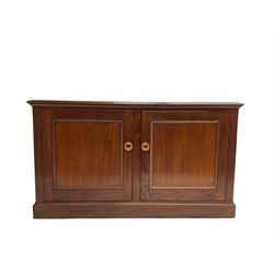 19th century mahogany plate warmer cupboard, moulded rectangular top over two panelled doors enclosing metal lined interior, on plinth base