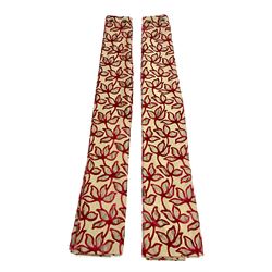 Pair lined gold ground curtains with red floral detailing with matching pole (L255cm, W237cm (each))