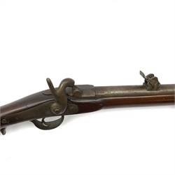  19th century French Military muzzle loading percussion cap rifled musket, approximately 20-bore, 83cm barrel stamped ELG, action stamped F.x Escoffier Entrepr. Mre Imple.A St. Etienne, with adjustable rear sight, twin straps and under barrel ram rod, L128cm overall