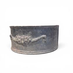 Pair of 19th century decorative lead planters of demi-lune form, decorated with raised relief floral swag decoration