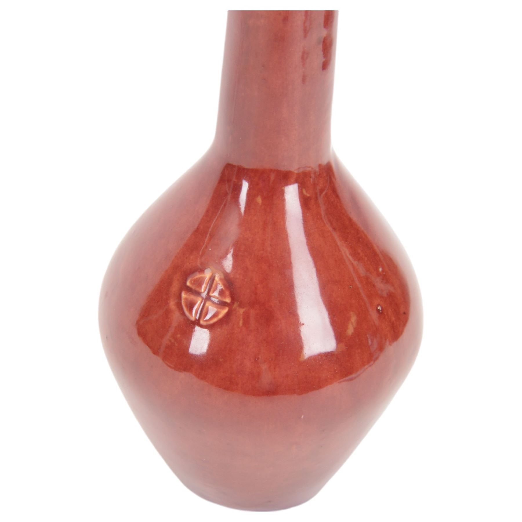 Early 20th century Jugenstijl vase by Aardewerkfabriek De Kat, Bergen op Zoom Pottery (1902-1918) attributed to Chris van der Hoef, of angular form with elongated tapering neck with flared rim, in pinkish red glaze with cross motif to the body, impressed marks beneath, H31cm
