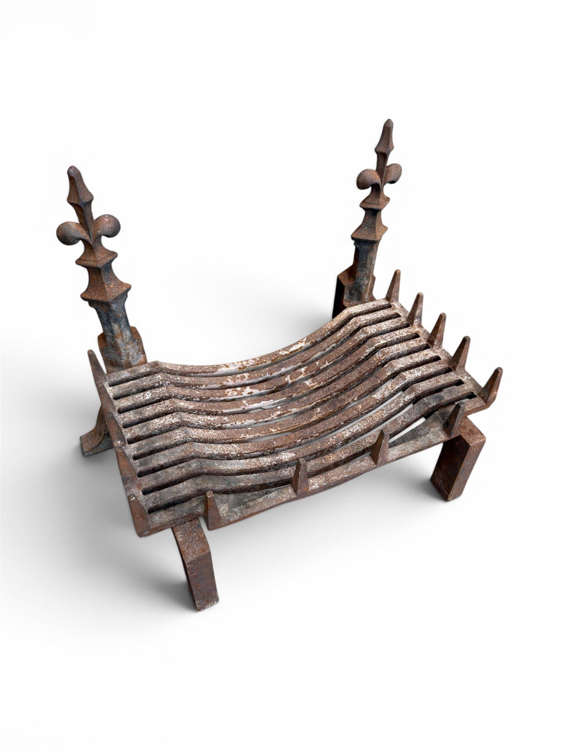 Victorian design cast iron fire grate with fire dogs, final over floral moulding and trefoil base