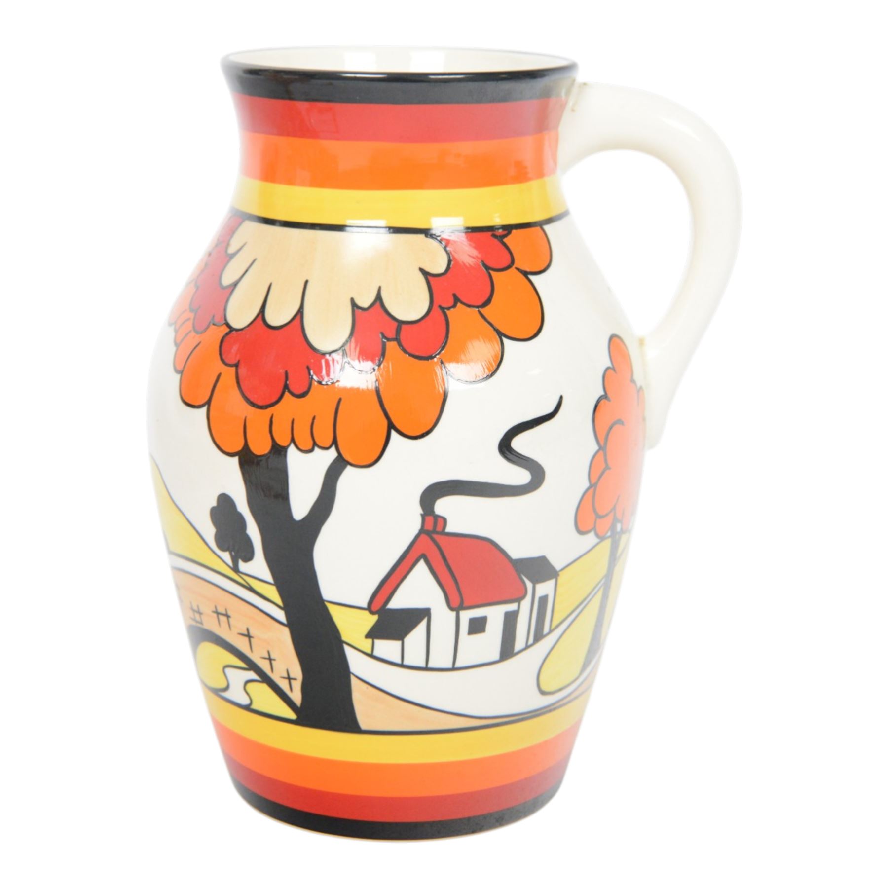 Wedgwood Bizarre by Clarice Cliff, Lotus Jug, House and Bridge, hand painted based upon an original, limited edition 134/250, with certificate and box, H21cm 