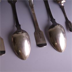 Set of four George III silver Fiddle pattern table spoons all engraved with monogram, hallmarked Thomas Wallis (II) & Jonathan Hayne, London 1819, together with a  Victorian silver Fiddle pattern teaspoon with engraved initials, hallmarked William Rawlings Sobey, Exeter 1846