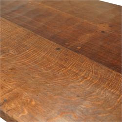 Mouseman - 1937 refectory table, Sir Herbert Baker commission for Westminster Church House, the rectangular adzed plank top above twin octagonal baluster supports united by a pegged stretcher, raised on shaped sled bases carved with a partridge and a loaf of bread, with carved mouse signature to inside leg, by Robert Thompson of Kilburn

The carved loaves reference the original patron, while the partridges are thought to represent Frank Partridge, Bishop of Portsmouth from 1877 to 1941, who played a key role in the founding of Church House and served as its Secretary from 1936 until 1941

Reference
Christie’s ROBERT “MOUSEMAN” THOMPSON; Refectory Table, Lot 188, sold at Christie’s London, commissioned by Sir Herbert Baker KCIE, RA, architect of Church House (opened 1937). Provenance and description available on the Christie’s website
https://www.christies.com/en/lot/lot-4618786