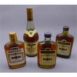  Three J & F Martell three Star Cognac, 12floz 70 and 40 proof, one no proof or contents given, all flat screw top bottles, and Bardinet Napoleon Brandy in older style bottle, no proof or contents, 4btls  
