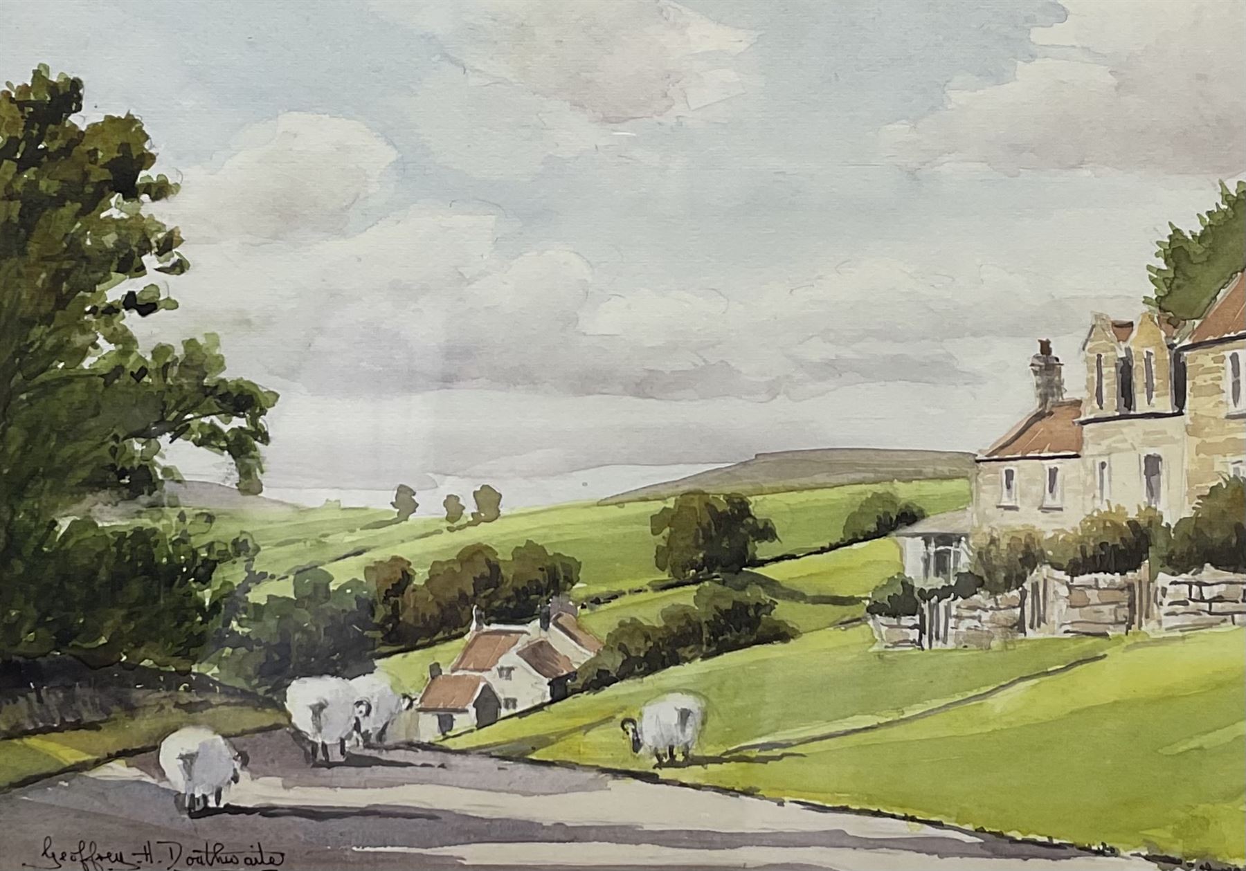Geoffrey H Douthwaite (British 20th century): 'A Moorland Village', watercolour signed, titled verso together with English School (20th century): Golden Retriever, chalk on paper unsigned max 25cm x 34cm