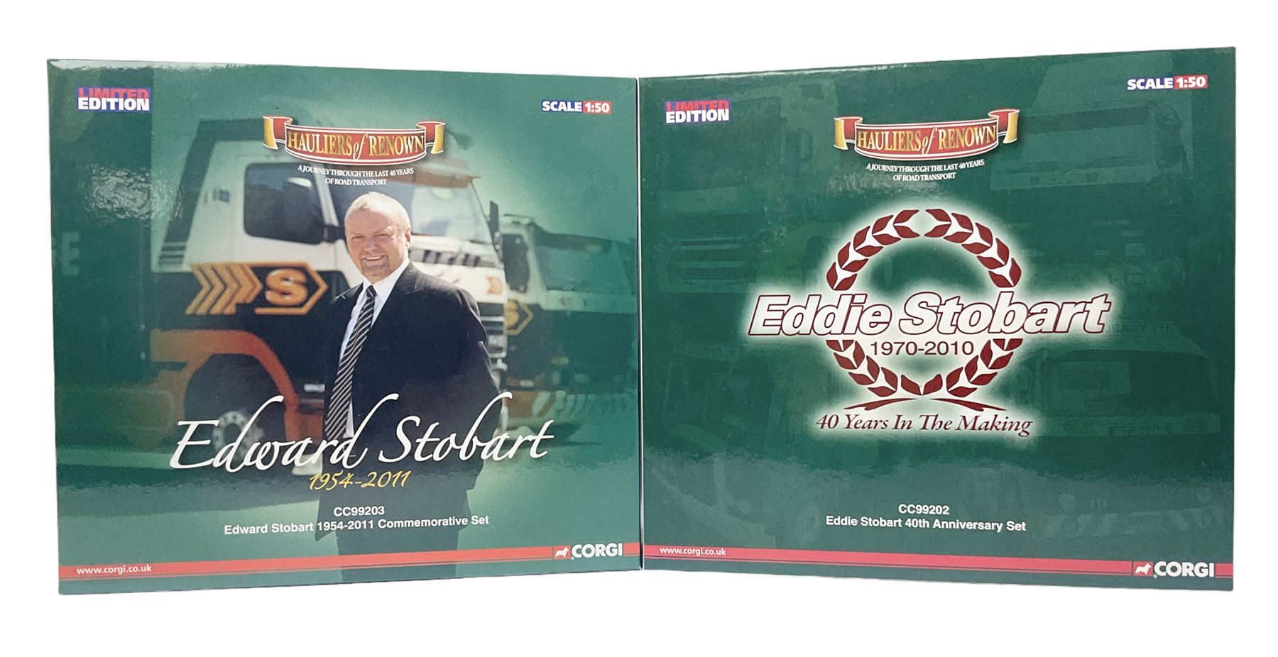 Corgi Eddie Stobart - two limited edition Hauliers of Renown sets; CC99203 Edward Stobart 1954-2011 Commemorative Set; and CC99202 1970-2010 40th Anniversary Set; both boxed (2)
