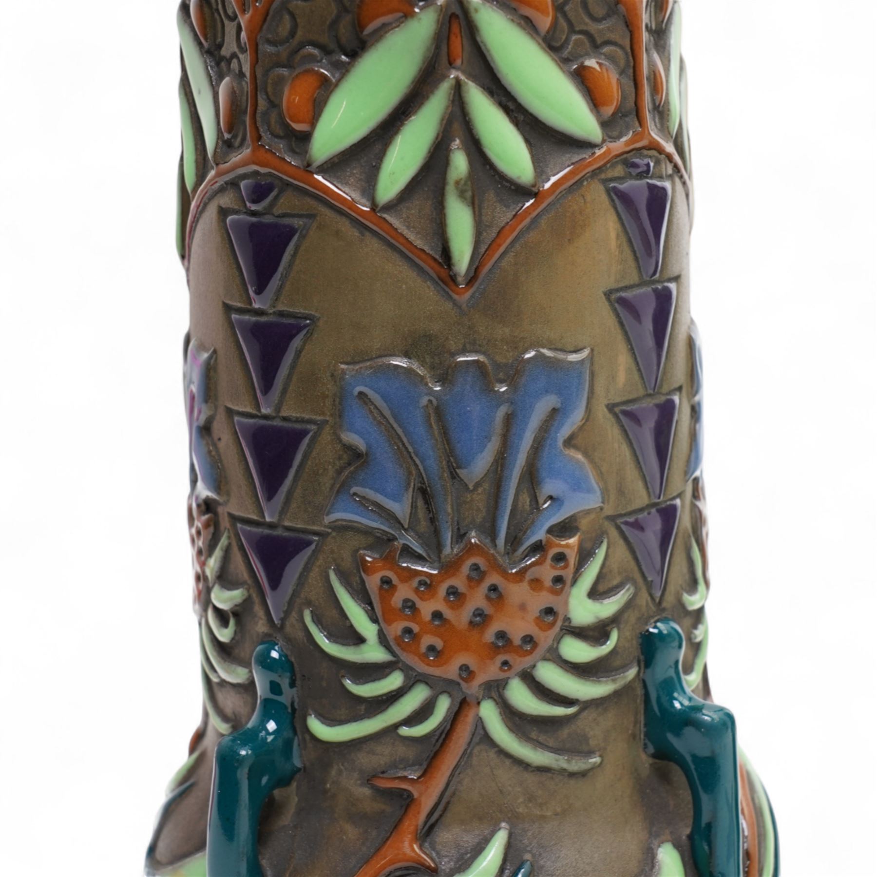 Pair of early 20th century Austrian Amphora vases, of tubular form, decorated with Art Nouveau style thistles and leaves, impressed marks to base including a crown, H25.5cm (2)