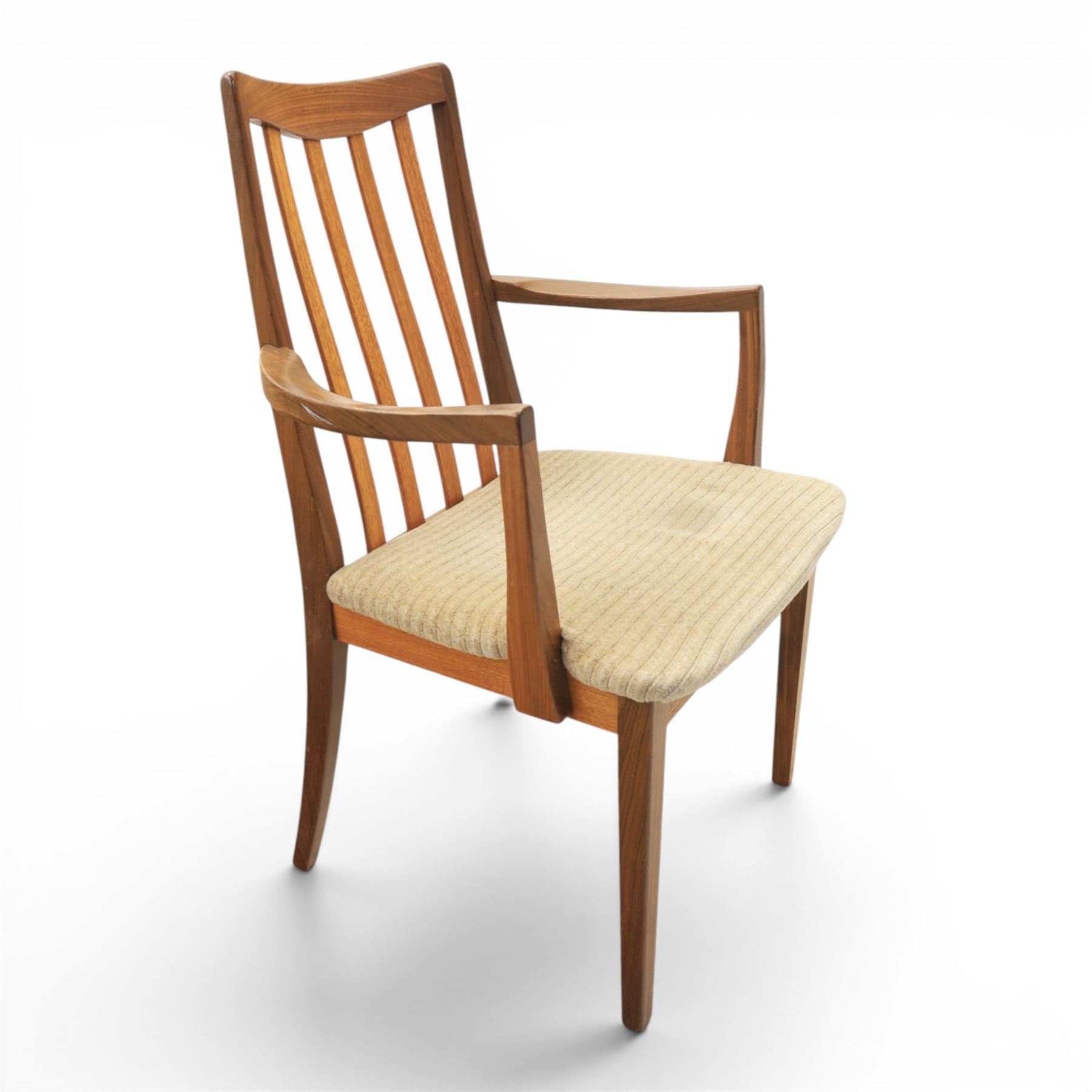 G-Plan - mid-20th century teak 'Fresco' circular extending dining table and six chairs, circular top with storable fold-over leaf extending to 166cm