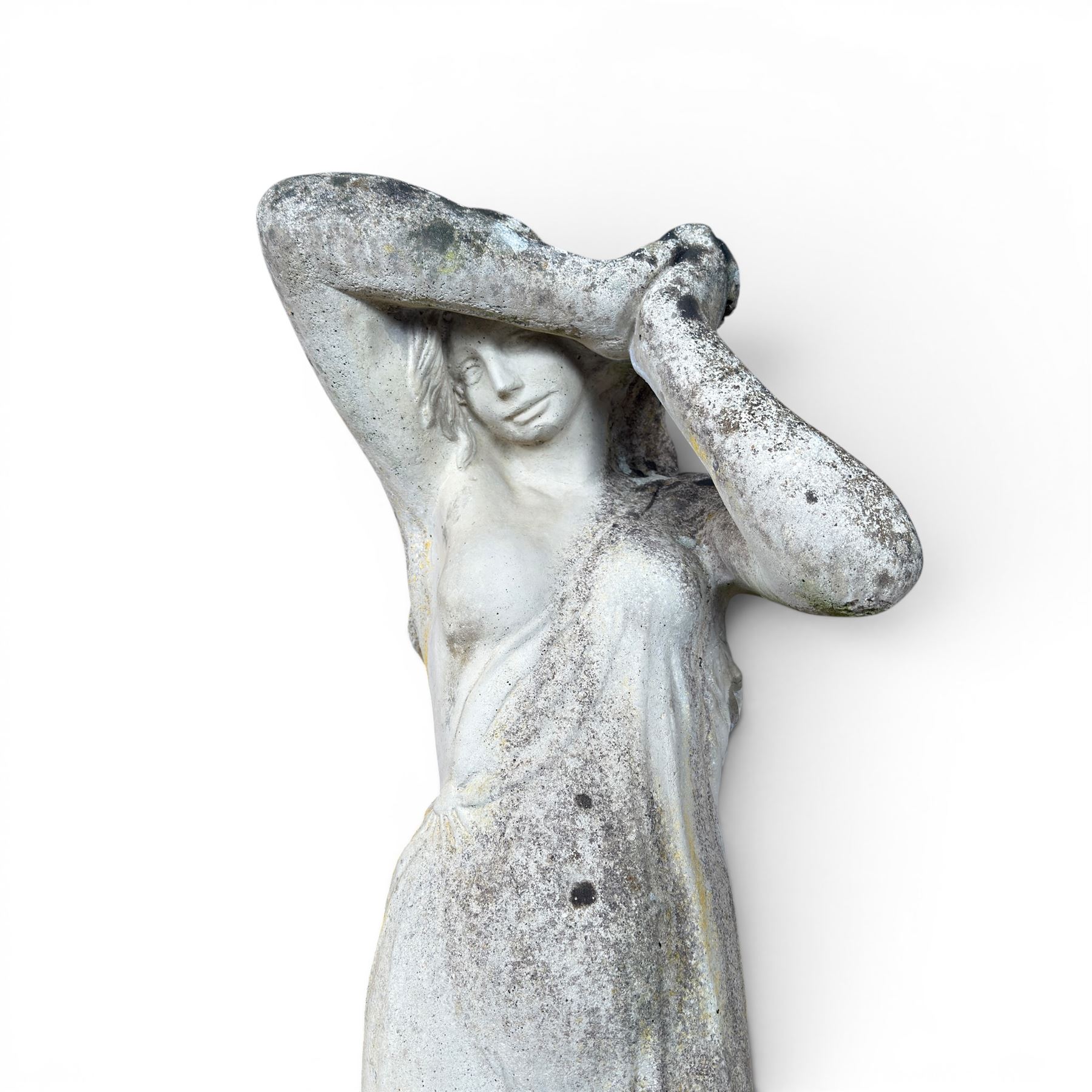Weathered cast stone garden statue of a 'Shy Maiden', raised on square plinth base