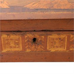 19th century satin wood marquetry inlaid correspondents box, the lid with inlaid three-masted sailing ship, opening to fitted compartments,  H1cm, L21cm, D12cm