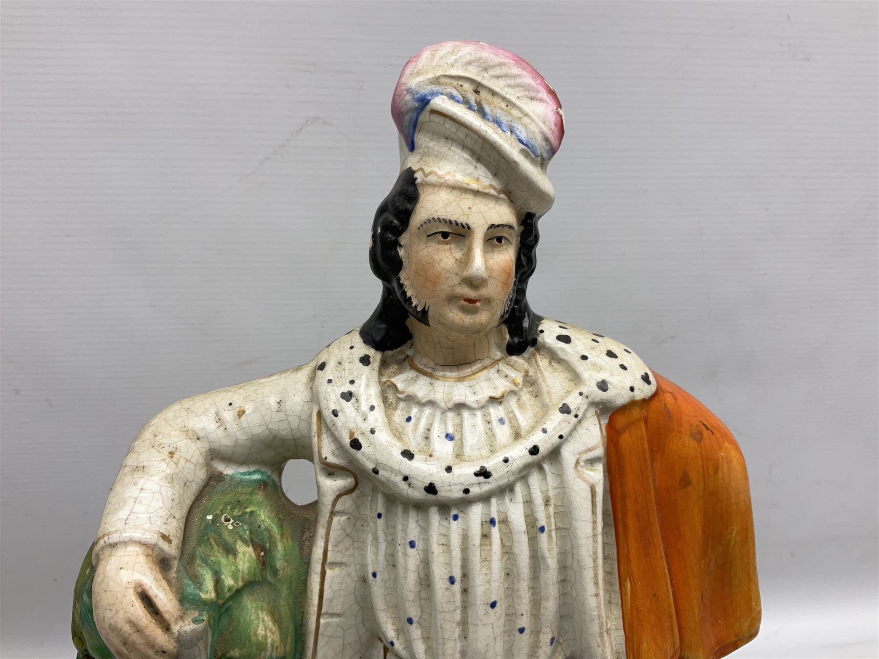 Group of Victorian and later Staffordshire style figures, to include two dogs, Prince upon horse back, horse with pink lustre patches, tall figure of a man beside his dog etc, tallest H41cm