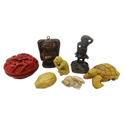  Chinese bonze figural seal, Cinnabar lacquer box and cover of circular form D4cm, Buddha pendant, fruit shaped Ojime, Soapstone miniature Monkey and porcelain rabbit & Turtle shaped Netsuke  (7) Provenance: private collection   