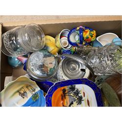 Four glass snuff bottles, together with assorted ceramics, including Carlton Ware cruet set,  in the form of a lady wearing a crinoline dress, Adams Calyx ware Singapore bird covered sucrier, etc  